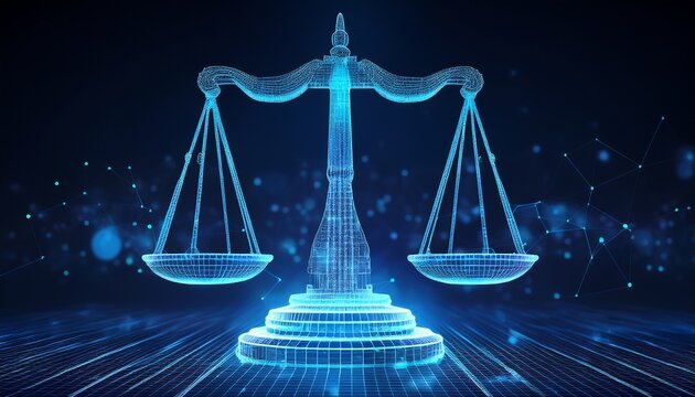 3d blue wireframe scale of justice law technology background