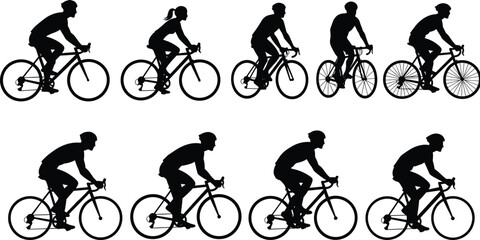 Bicycle riders silhouettes. Set of male and female cyclists on bicycles, side view vector illustration