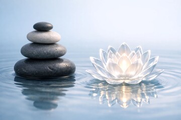 Fototapeta premium Stacked Zen Stones and Glowing Lotus Flower Floating in Tranquil Water with Balance Concept.