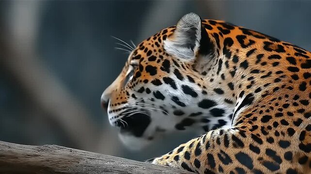 Captivating portrait of a majestic jaguar resting quietly on a branch, showing off its striking patterned coat