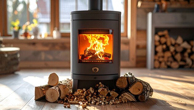 Wood stove burning warmly in rustic room with wood floor and logs