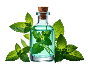 Mint Essential Oil in Glass Bottle with Fresh Green Leaves.