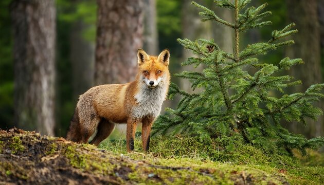fox standing near the fir tree in the forest