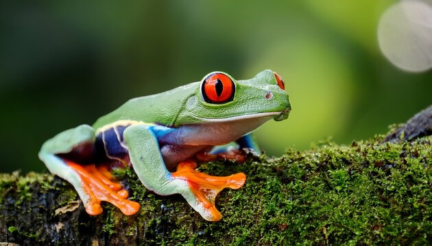 red eyed tree frog on mossy branch with vibrant green bokeh background close up macro shot showing bright orange eyes and colorful limbs in natural habitat