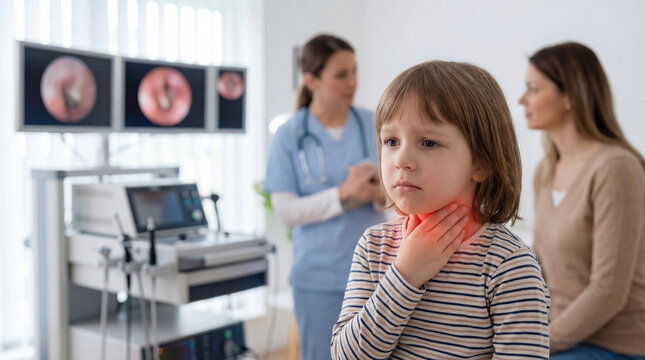 Sad little child patient holding painful red throat with inflammation while doctor and mother discuss diagnosis near endoscopic monitors in ENT clinic