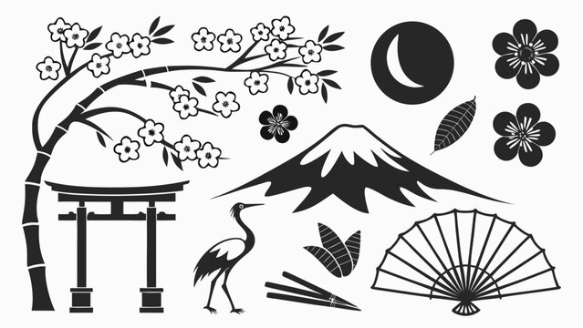 Black Silhouette Collection of Japanese Icons including Mt. Fuji, Sakura, Torii Gate, Crane, and Fans