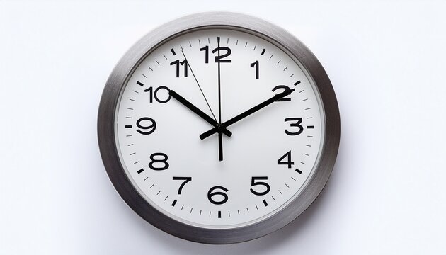 isolated white clock face with black numbers and hands showing five minutes to midnight white background file