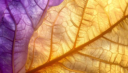 Obraz premium Colorful translucent leaves show intricate vein patterns up close, golden and purple