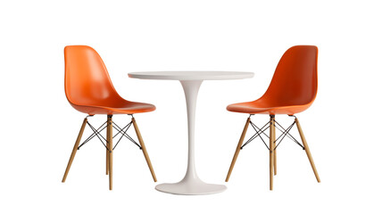 A white table with two orange chairs