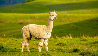 Fototapeta premium Graceful White Alpaca Standing in a Lush Green Field