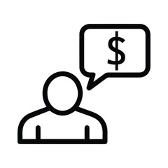 Outline icon of a professional person with a speech bubble containing a dollar sign, symbolizing financial consulting, business negotiations, and budgeting.