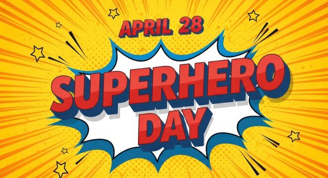 Vibrant superhero day celebration on April 28th with dynamic comic book style