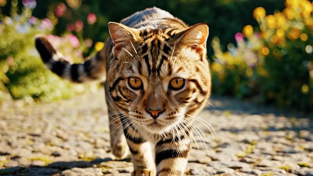 A cat walks along a cobblestone path, surrounded by colorful flowers. The cat's markings are distinct and striking as it strides confidently through the garden.