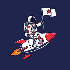 Astronaut flying on rocket with flag in hand.