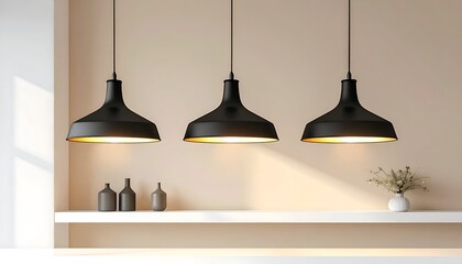 Obraz premium Three black pendant lights over shelf with bottles and vase, cream wall