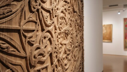 Close-up of intricately carved wooden panel, museum interior