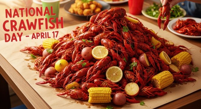 Delicious crawfish boil with corn and potatoes on a table