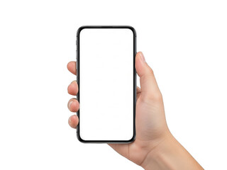 A hand holding a smartphone with a blank screen isolated on transparent background