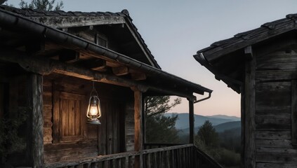Rustic cabins at dusk, lit by a lantern, overlooking mountains