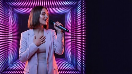 Young woman singing on stage with LED light wall background