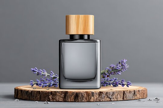 Elegant Glass Perfume Bottle with Wooden Cap Surrounded by Lavender on Wooden Platform