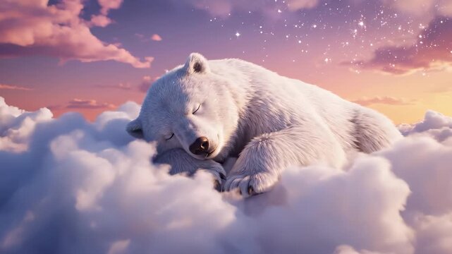 A polar bear sleeps peacefully on soft clouds. The sky displays a gradient of pastel colors at dusk behind the serene polar bear resting on fluffy clouds.