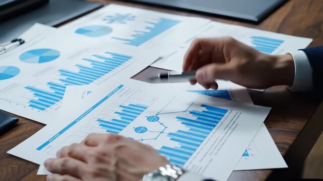 A man is reviewing financial reports with blue graphs and charts. The man is using a pen to annotate the paper while surrounded by various documents and digital devices.
