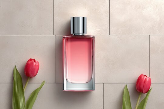 Pink Perfume Bottle with Red Tulips on Light Tile Surface
