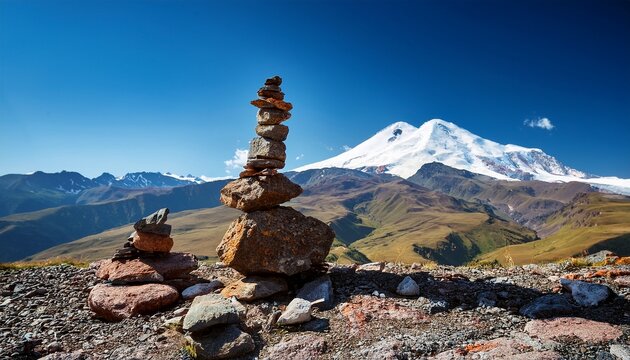 rock stacking mountain balance cairns mark trail with elbrus peak backdrop in daytime for navigation