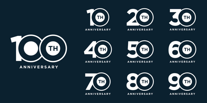 Set of 10 to 100 anniversary logo design. years celebration 10 to 100 logo icon vector collection.