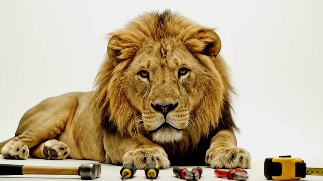 Majestic Lion Poses with Various Construction Tools