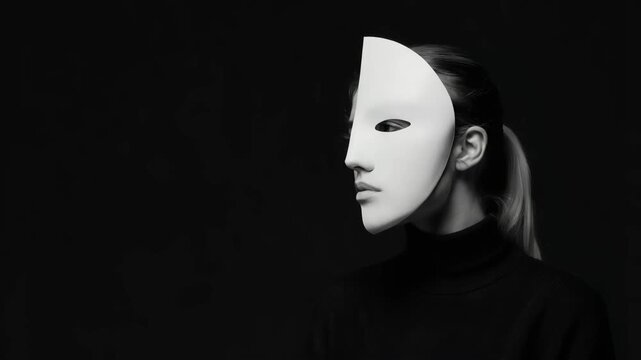 Woman's portrait with half face visible and half hidden by a white mask