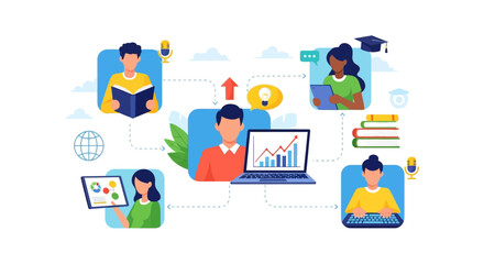 E-Learning Network and Remote Education. Virtual Classroom Connecting Students with Instructor for Online Training, Professional Development, and Data Sharing.