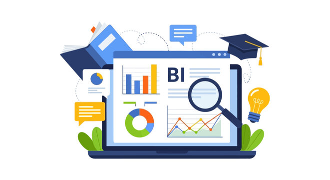Business Intelligence (BI) Education and Data Analysis Dashboard. Learning Statistics, Strategic Reporting, and Knowledge Acquisition Flat Vector Illustration.