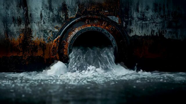 Large Drain Pipe Releasing Polluted Water into River with Foaming Flow and Industrial Concrete Wall