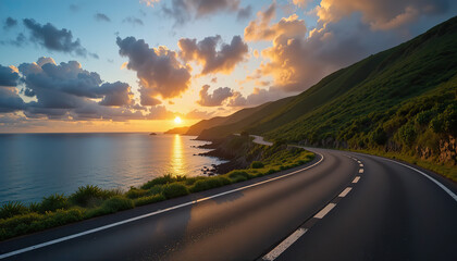Fototapeta premium Scenic coastal road at sunset with ocean and hills