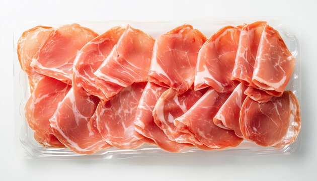 Raw Parma ham slices sealed in clear plastic tray isolated on white with clipping path included