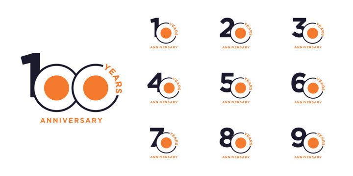 Set of 10 to 100 anniversary logo design. years celebration 10 to 100 logo icon vector collection.