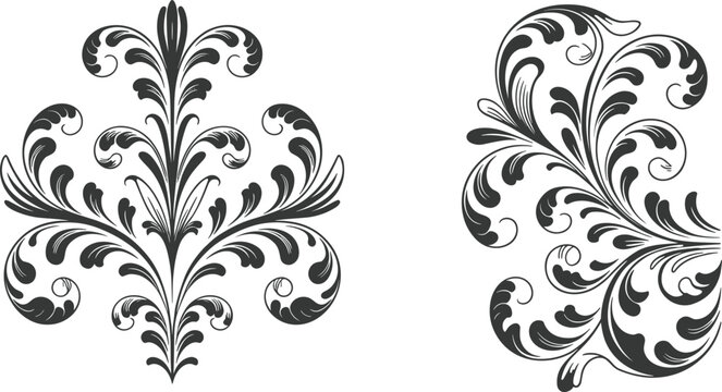 Elegant vintage floral ornament design, black decorative baroque damask pattern with classic swirl leaf elements isolated on white background