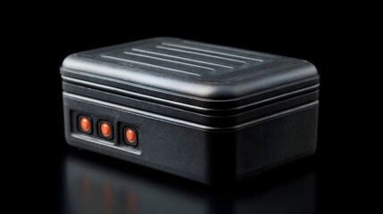 Fototapeta premium A dark rugged electronic device with three orange indicator lights in dramatic studio lighting