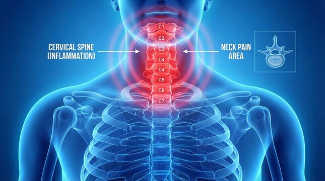 Medical illustration of cervical spine inflammation and neck pain area, highlighting vertebrae C1&ndash;C7.