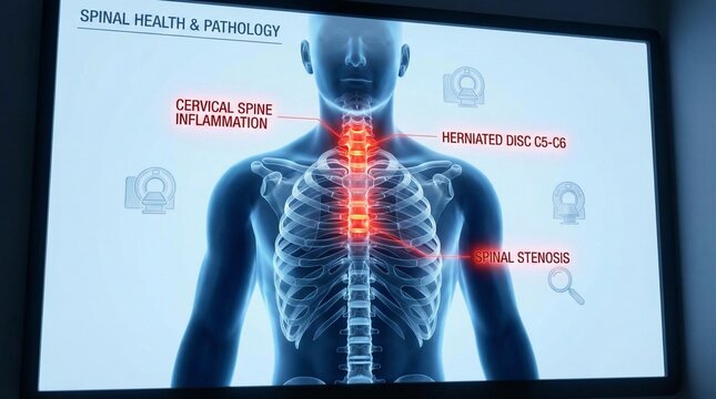Medical illustration of cervical and thoracic spine pathology, highlighting inflammation, herniated disc C4-C5, and spinal stenosis.