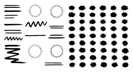 Hand Drawn Style Brush Strokes, Ink Splatters and Grunge Circles Set