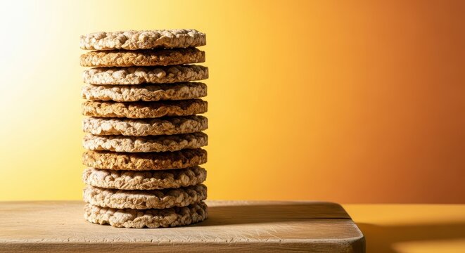 A healthy, vertical stack of whole grain rye crispbreads resting on a wooden cutting board, highlighting the nutritious whole grains and rustic texture, natural, dry, crunch