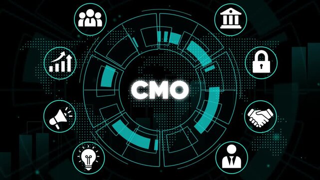 C M O marketing strategy concept with and graphs on a dark background business finance management