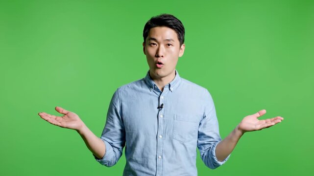Asian man shrugs with confusion in front of green screen