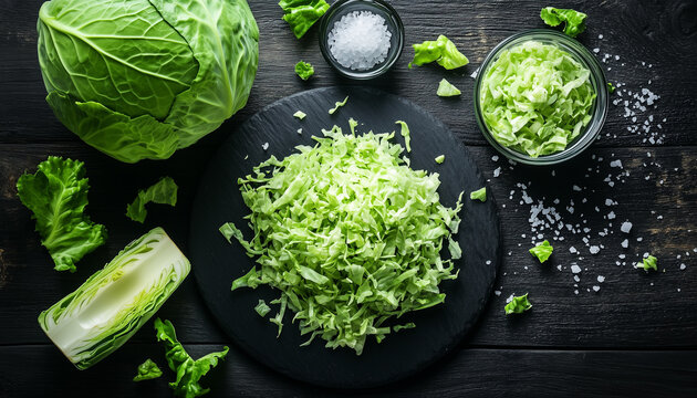 Composition with cut cabbage on wooden table