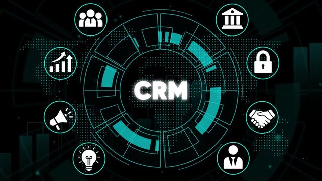 C R M customer relationship management business concept with and circular diagram on dark background with teal accents