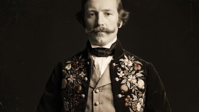A man in a formal dark vest embroidered with floral patterns stands against a plain background. The man has a prominent mustache and is dressed in 19th-century attire.