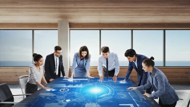 Business Team Collaborating on Futuristic Data Visualization Display in Modern Conference Room.
